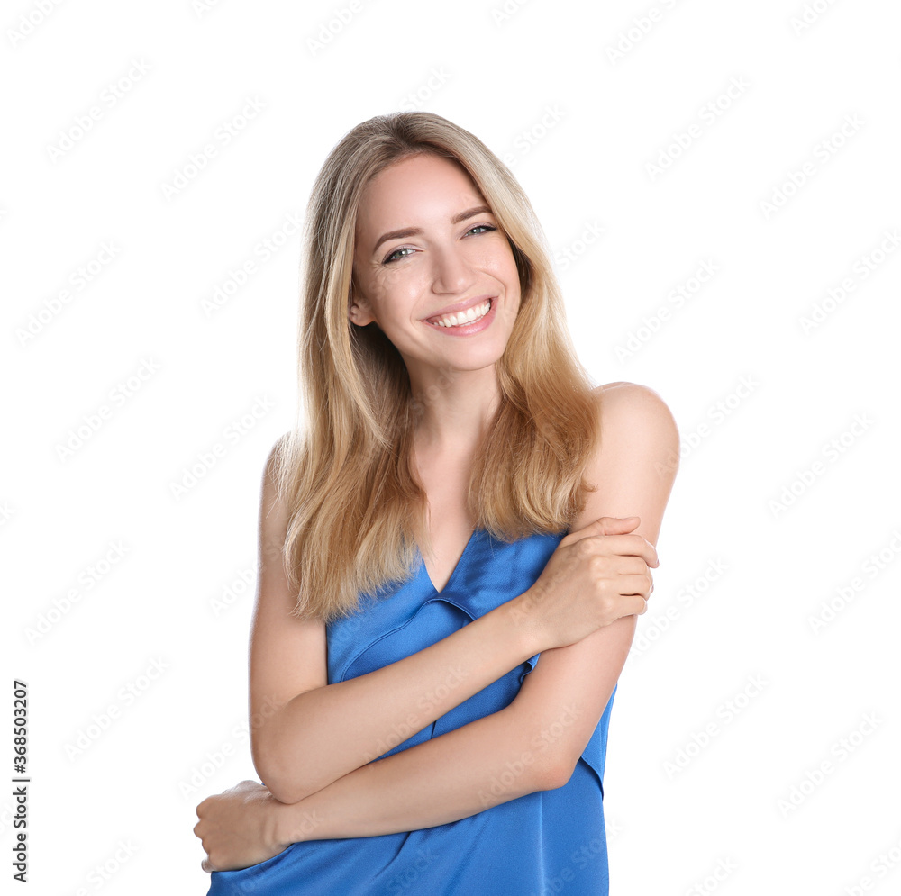 Portrait of beautiful young woman with blonde hair on white background Portrait of beautiful young woman with blonde hair on white background