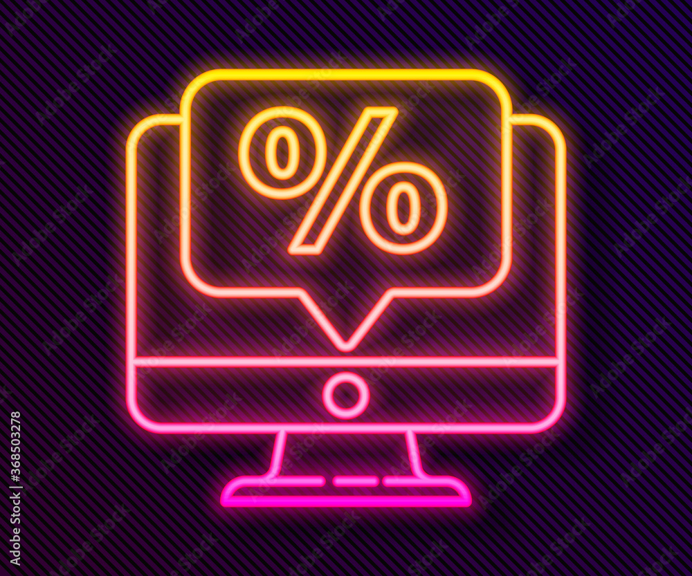 Glowing neon line Percent discount and monitor icon isolated on black background. Sale percentage - price label, tag. Vector Illustration. Glowing neon line Percent discount and monitor icon isolated on black background. Sale percentage - price label, tag. Vector Illustration.