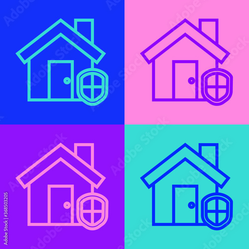 Pop art line House under protection icon isolated on color background. Home and shield. Protection, safety, security, protect, defense concept. Vector Illustration.