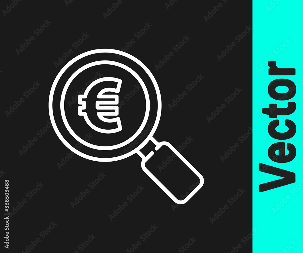 White line Magnifying glass and euro symbol icon isolated on black background. Find money. Looking for money. Vector Illustration. White line Magnifying glass and euro symbol icon isolated on black background. Find money. Looking for money. Vector Illustration.