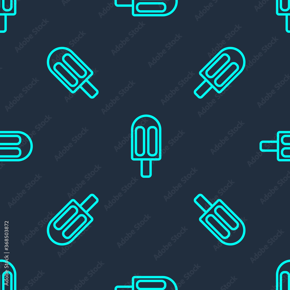 Obraz premium Green line Ice cream icon isolated seamless pattern on blue background. Sweet symbol. Vector Illustration.