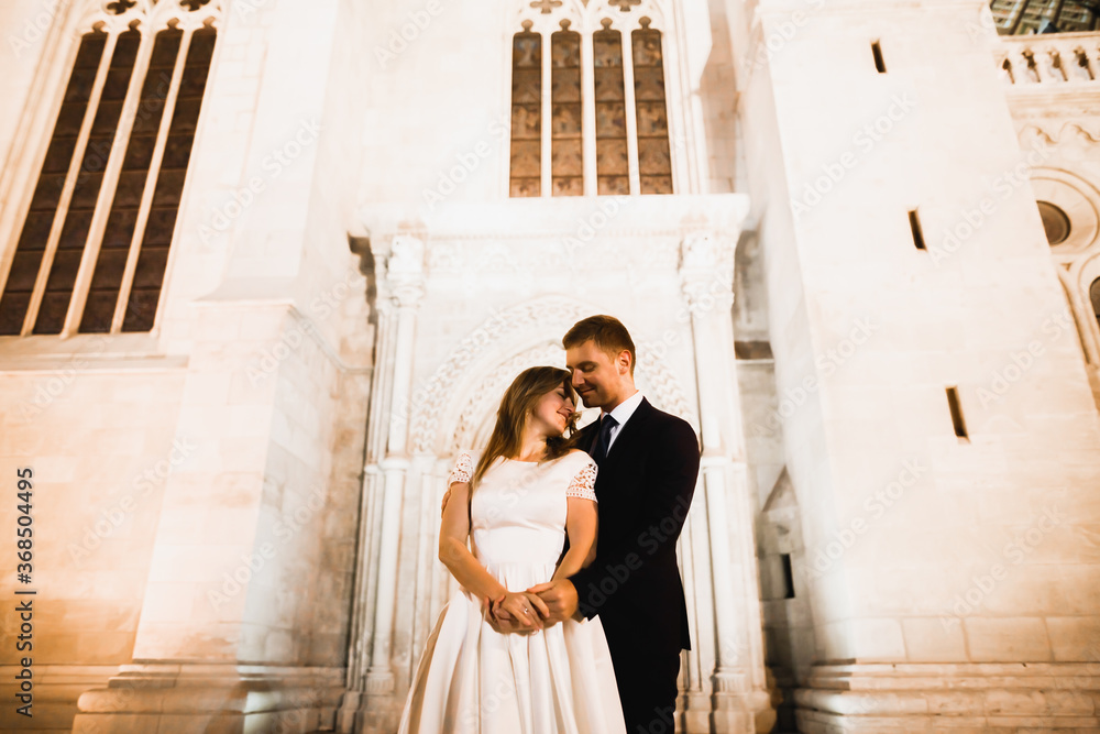 Wedding couple on the nature is hugging each other. Beautiful model girl in white dress. Man in suit Wedding couple on the nature is hugging each other. Beautiful model girl in white dress. Man in suit