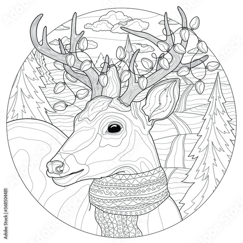 Christmas deer with garlands on the horns and a scarf.Coloring book antistress for children and adults. Zen-tangle style.