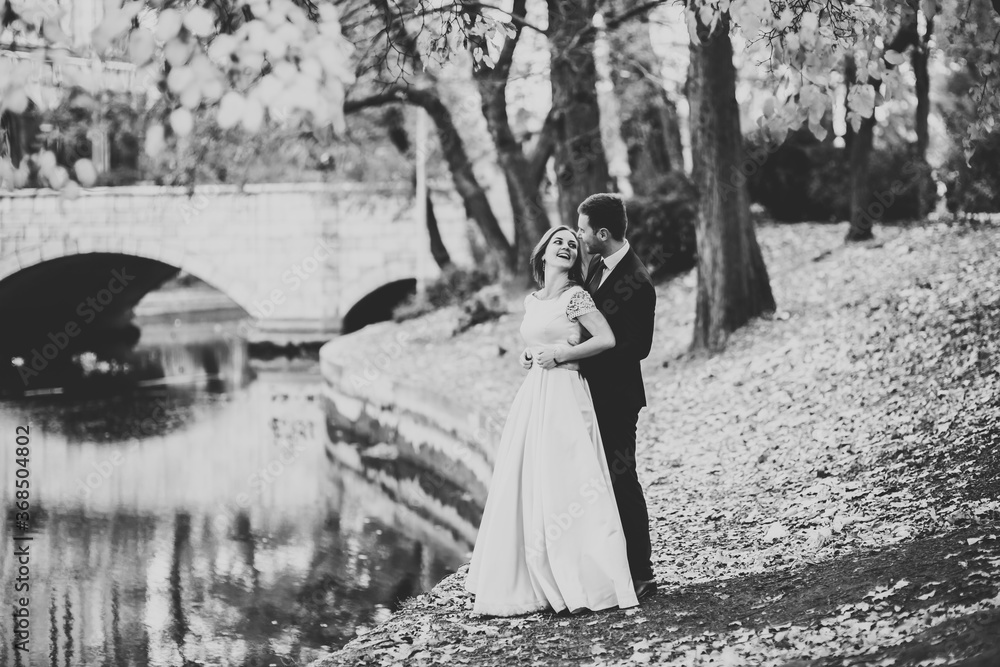 Beautiful romantic wedding couple of newlyweds hugging in park Beautiful romantic wedding couple of newlyweds hugging in park
