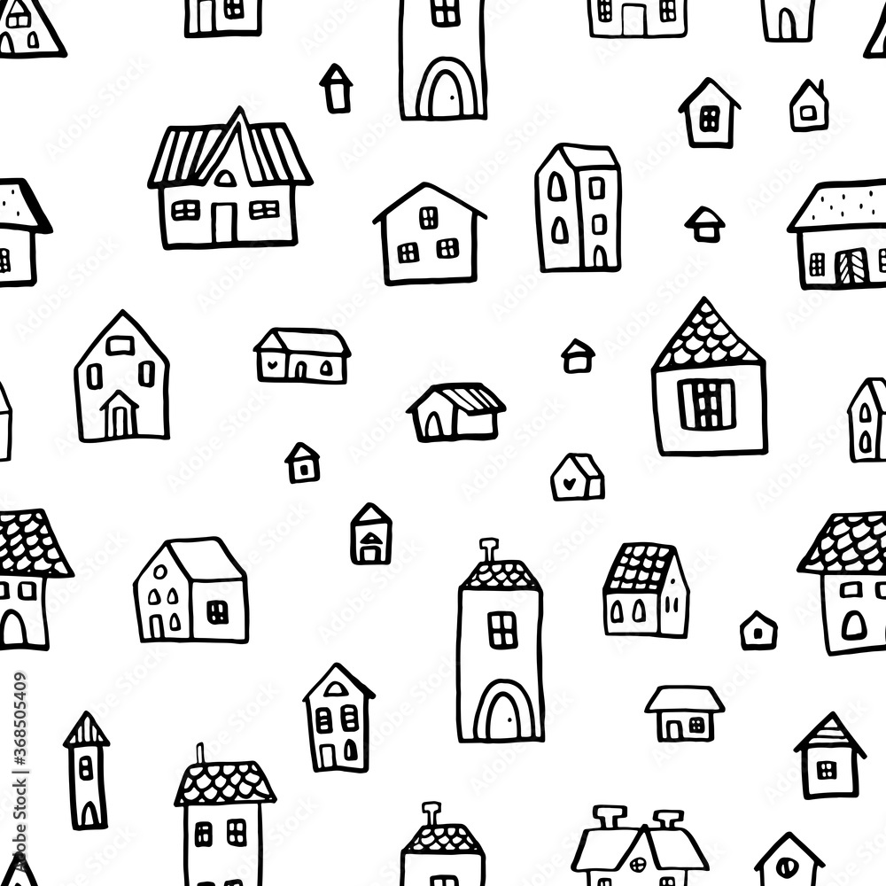 Black and white doodle seamless pattern with cute houses. Linear vector graphics.