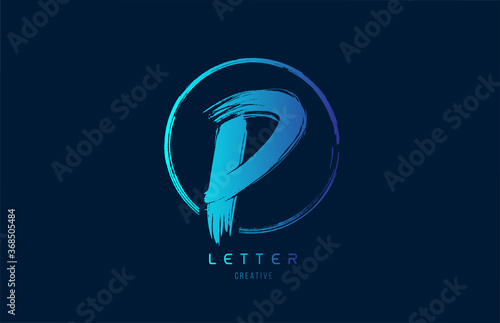 blue hand grunge brush letter P icon logo with circle. Alphabet design for a company design