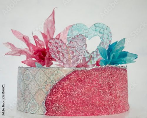 Pink blue sugar sheet cake with caramel and rice paper decoration