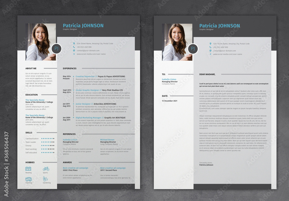 Simple Resume and Cover Letter with Blue and Grey Accents Stock Template Adobe Stock