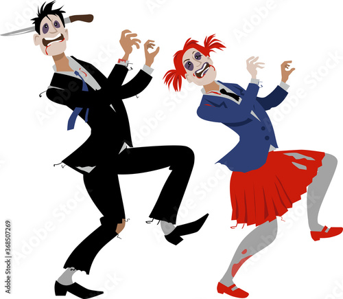 Couple in Halloween zombie costumes and makeup dancing, EPS 8 vector illustration