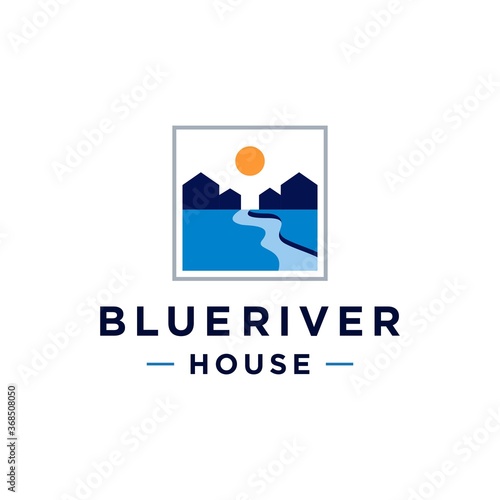 geometric creek river house property real estate logo vector icon illustration