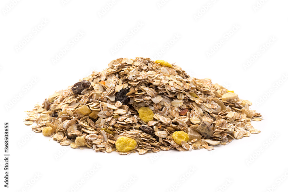 oatmeal with raisins, coconut, pineapple and banana slices isolated on a white background. For packing oatmeal or granola. oatmeal with raisins, coconut, pineapple and banana slices isolated on a white background. For packing oatmeal or granola.