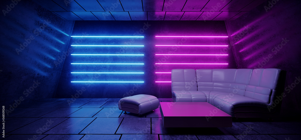 Futuristic Neon Fluorescent Tube Light Glowing Purple Blue Vibrant Night  Club Table Chair Lounge With Comfortable Leather Realistic Sofa Disco Stage  Party Underground Cement Floor 3D Rendering Illustration Stock | Adobe Stock