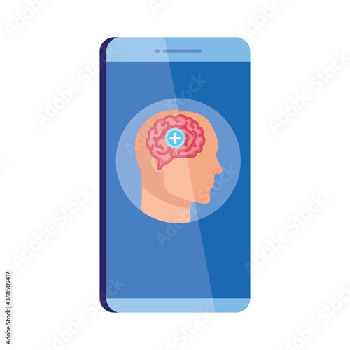 mental health assistance online in smartphone, human profile with brain and cross symbol, mind positive on white background vector illustration design