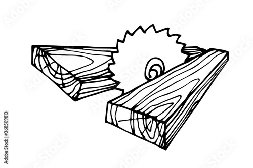 circular saw disc & wooden boards, primitive icon or logo, vector illustration with black ink contour lines isolated on a white background in a doodle & hand drawn style
