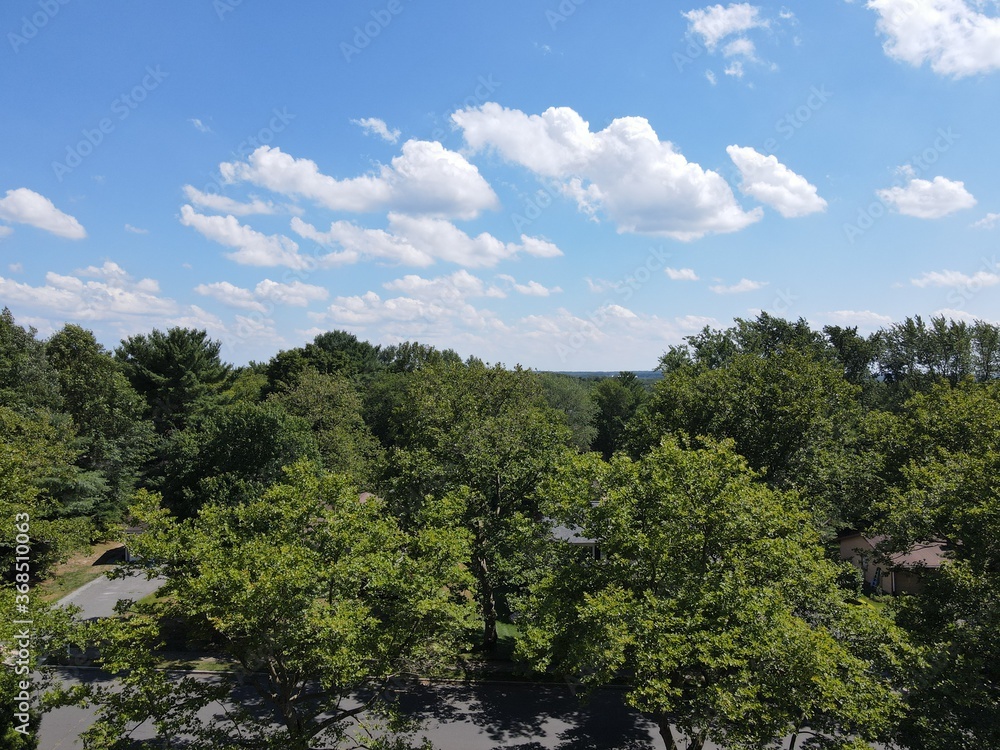 Panoramic aerial view of a section of Old Bridge township from above the tree tops with some cumulus clouds in the horizon