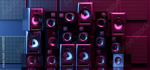 Disco Floor Party Laser Neon Purple Blue Violet Sci Fi Futuristic Glowing Club Dance Loud Speakers Reflective Floor Realistic Background Music Studio Hi Tech 3D Rendering