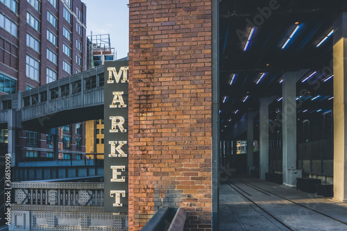 Photography Market neon sign seen from High Line in Chelsea. New York City.
