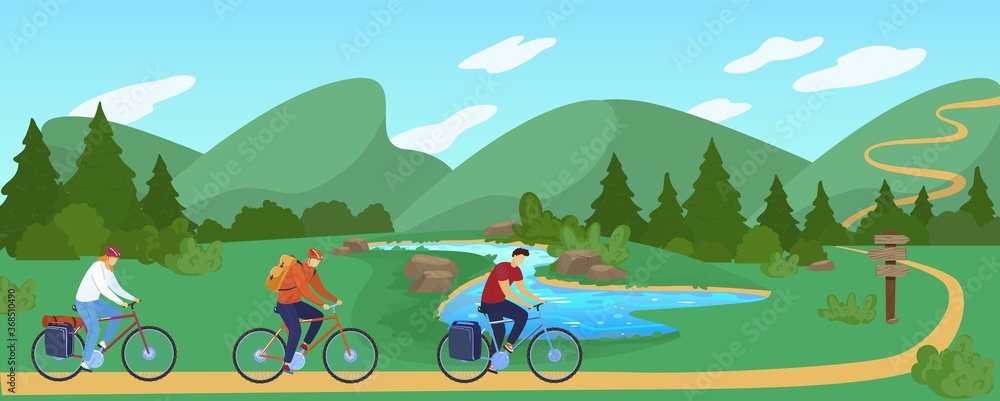 Obraz premium People travel by bike flat vector illustration. Cartoon active cyclist character traveling, cycling in summer natural mountain landscape, summertime adventure, outdoor nature sport activity background