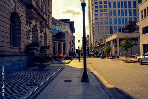 A hazy city street in downtown district