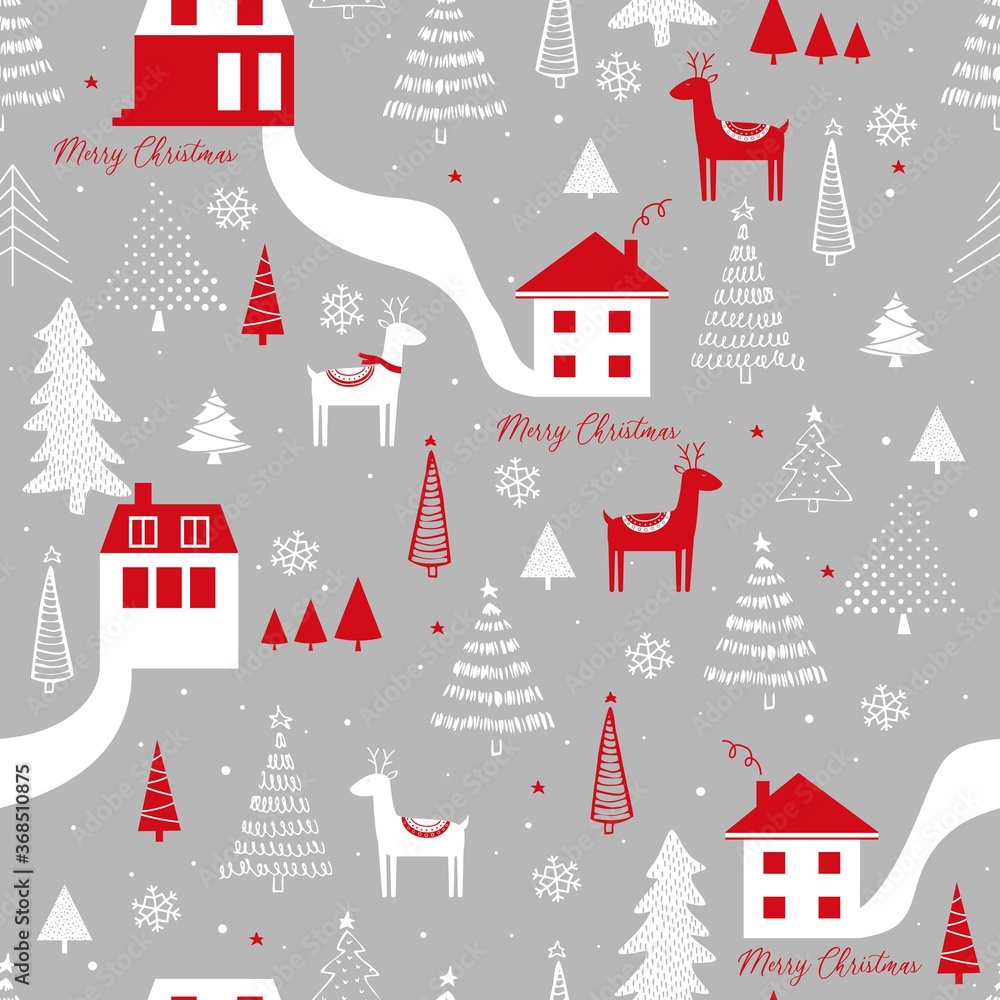 Funny seamless vector pattern with deers, houses, snowflakes and Christmas tree. Can be used  fabric, phone case and wrapping paper..