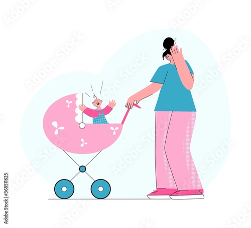 Tired exhausted mother with naughty kids. Brawl in the Family.The negative aspects of family relationships.