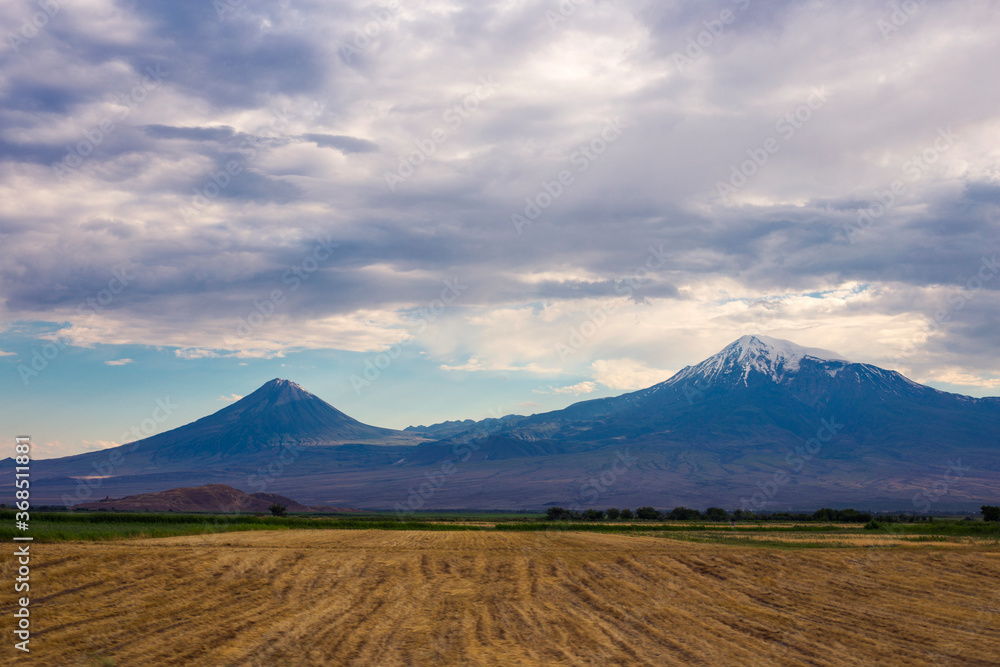 Ararat mountain and fields at the sunset