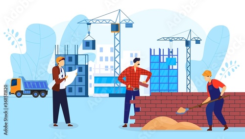 People in building construction technology flat vector illustration. Cartoon worker builder characters working with professional tools, architect holding constructing plan blueprint isolated on white