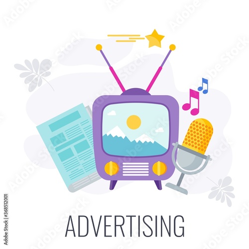 TV, ragio and newspaper advertising. Flat vector cartoon illustration.