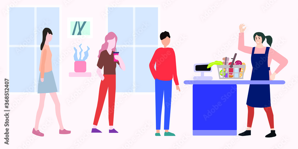 The cashier is behind the cash register, vector chart The cashier is behind the cash register, vector chart