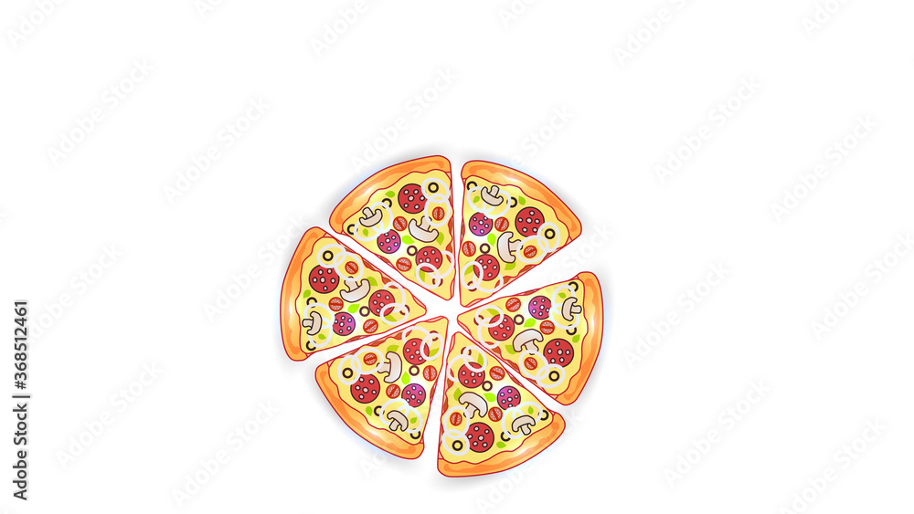 Vector fast food illustration on white isolated background. Pizza slices with sausage, mushrooms, onions and herbs. Street fast food lunch or breakfast. EPS 10.