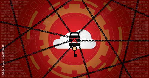 Cyber attack malware wannacry ransowmare virus encrypted files and lock on cloud computer concept. Hacker is offering key to unlock data for money. Vector illustration of security technology