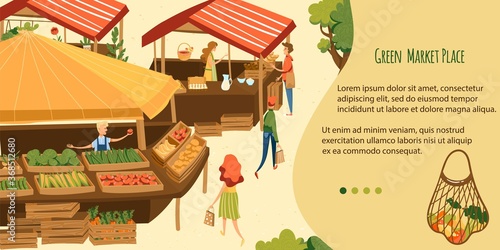 Eco market vector illustration. Cartoon flat buyer character buying green natural eco product, sellers selling organic fruits and vegetables in stall marketplace, seasonal sale farm fair event banner