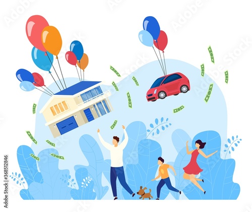 Flying family house flat concept vector illustration. Cartoon father mother and kid characters running after moving car and house gifts, flying on colorful air balloons, new property isolated on white