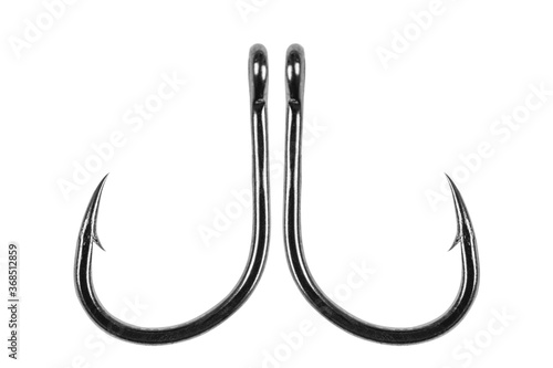 Two fishing hook isolated on a white background. Fishing hook close up. Fishing tackle. Stainless steel fishing hooks