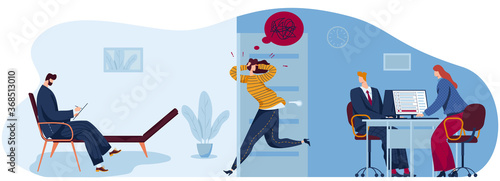 People in fear panic flat concept vector illustration. Cartoon panicking stressed woman character running to psychotherapist office for mental psychological help, work stress problem isolated on white