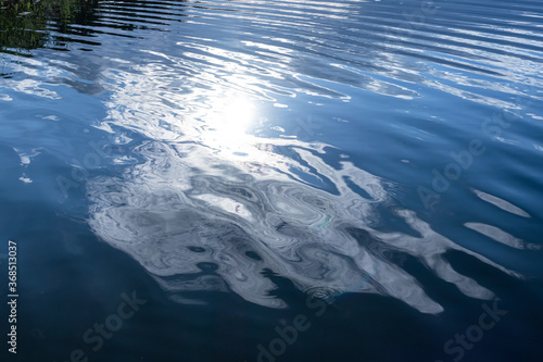 The sunset sky with beautiful clouds is reflected in the calm surface of the water. Abstract background natural image in shades of blue. Copspace.