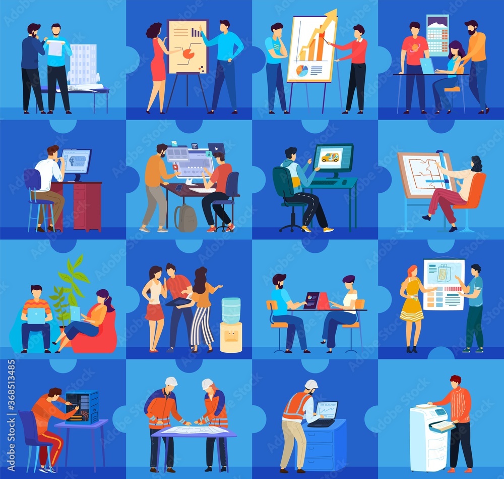 Office workers people work flat concept vector illustration. Cartoon business office company workplaces and teamwork collection with businessman characters meeting working planning training together