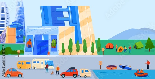 Outdoor city store vector illustration. Cartoon modern urban cityscape with local supermarket shopping mall building, parking cars camper trailers, people in tourist camping, town landscape background