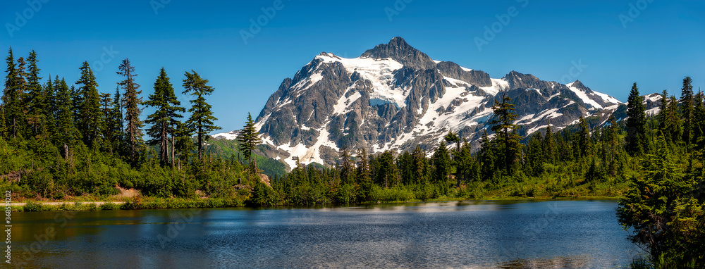 Picture Lake with Mount Shuksan in the Background. This Lake is the centerpiece of a strikingly beautiful landscape in the Heather Meadows area of the Mt. Baker recreation area.
