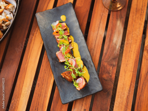 Top Down View of Gourmet Seafood on a Wood Table