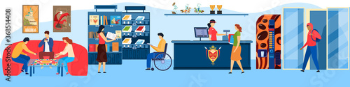 People play games activity flat vector illustration. Cartoon man woman player friend characters have fun together, playing board card game, reading and buying books in cafe shop interior background