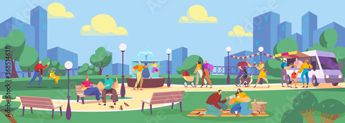 People in summer park flat vector illustration. Cartoon family characters spend time in public park, eating streetfood from food truck cafe, playing with dog. Outdoor summertime activity background photo