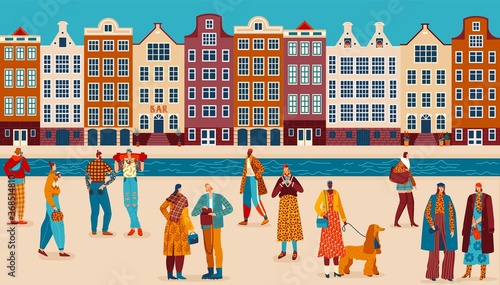 People street style flat vector illustration. Cartoon adult man woman trendy fashion clothing characters walking in city street, crowd of friends couples standing on embankment streetscape background