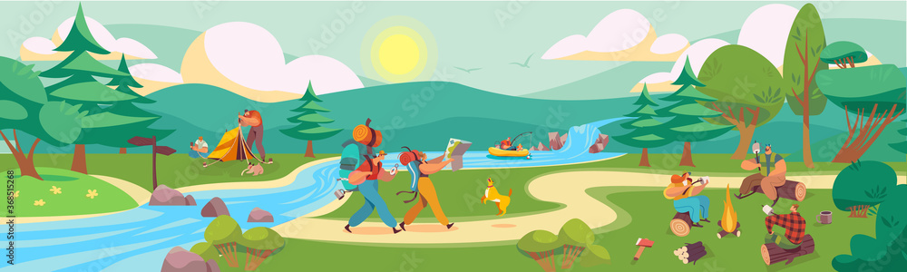 Obraz premium People in summer nature park flat vector illustration. Cartoon family friends camper characters spend time together, hiking, cooking food, sitting by campfire. Summertime camping adventure background