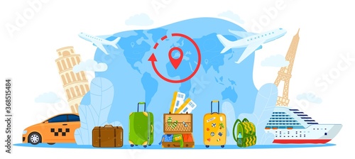 Restart travel agency flat concept vector illustration. Cartoon tourist bag, open suitcase baggage for travelers, pinned world map, tourism symbol landmark, start traveling promotion isolated on white
