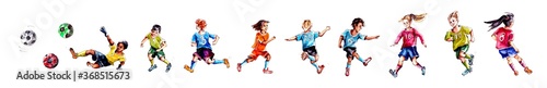 watercolor illustration collection of children playing football isolated on a white background