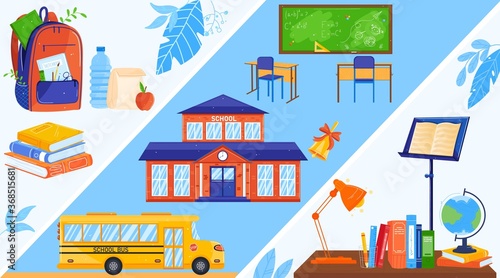 School objects vector illustration set. Cartoon flat education supplies or tools collection with green class schoolboard, schoolbooks stack on desk workplace, backpack, school college building and bus