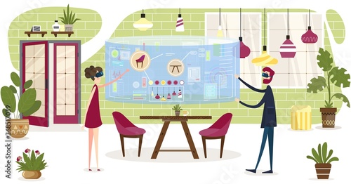 Virtual reality glasses flat vector illustration. Cartoon man woman characters using vr headset devices for visual planning house room interior decoration and home furniture, modern decor technology