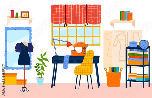 Tailor work place flat vector illustration. Cartoon handicraft or needlework, seamstress dressmaker designer studio room interior with sewing machine, tailoring tools, dressmaking service background