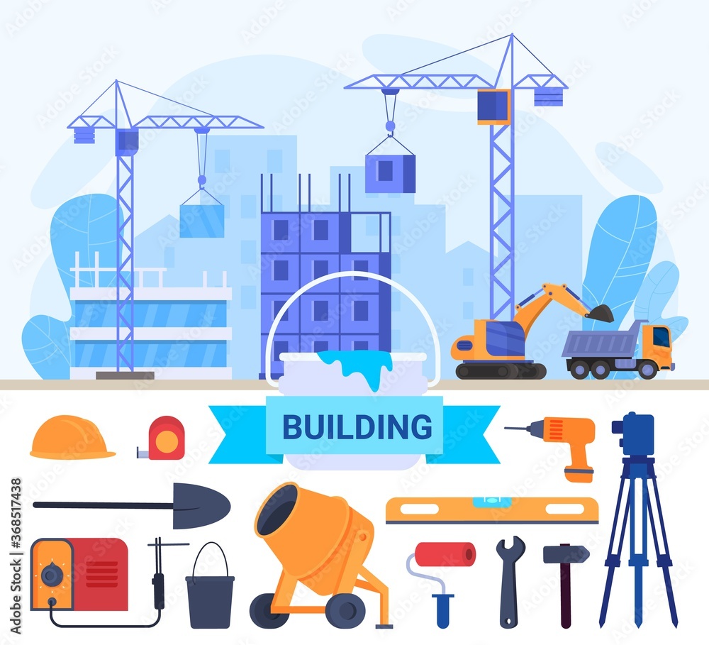 House building construction, repair tools flat vector illustration. Cartoon constructing home building, working crane engineering equipments, repairing toolbox collection for builder isolated on white